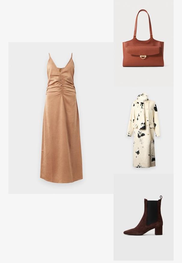 Button-up coat in soft faux fur, cream with black spots, featuring a high collar and matching scarf. Two front pockets and relaxed fit.; Brown, sleeveless maxi dress with a v-neckline and gathered detailing along the sides. Smooth texture with subtle pattern, falls to the ankles.; Dark brown suede ankle boot with block heel, black elastic side panel, and pull tab at the back on a light background.; Brown leather tote bag with long handles, front flap pocket, and gold heart-shaped clasp engraved with "Love Moschino."