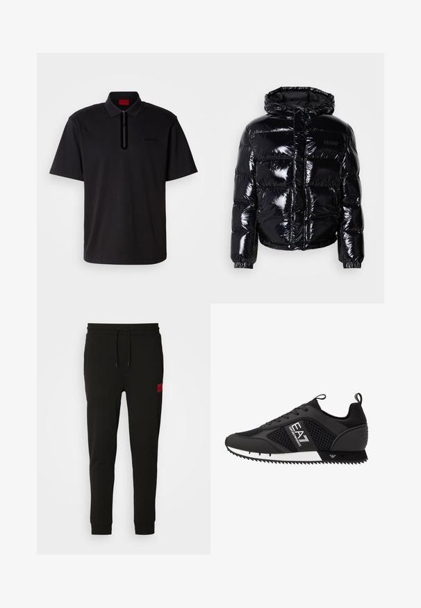 Fekete puffdzseki fényes felülettel, kapucnival, cipzárral és rugalmas mandzsettákkal. Vízszintes tűzésű részekkel készült.; Fekete póló, cipzáras gallérral, rövid ujjakkal, és finoman dombornyomott "HUGO" logóval az elején. Simább, könnyű anyag.; Fekete melegítőnadrág puha anyagból, húzózsinóros derékkal, slim fit kialakítással, és egy piros logóval a bal combon.; EA7 Emporio Armani Sportcipő - black/white