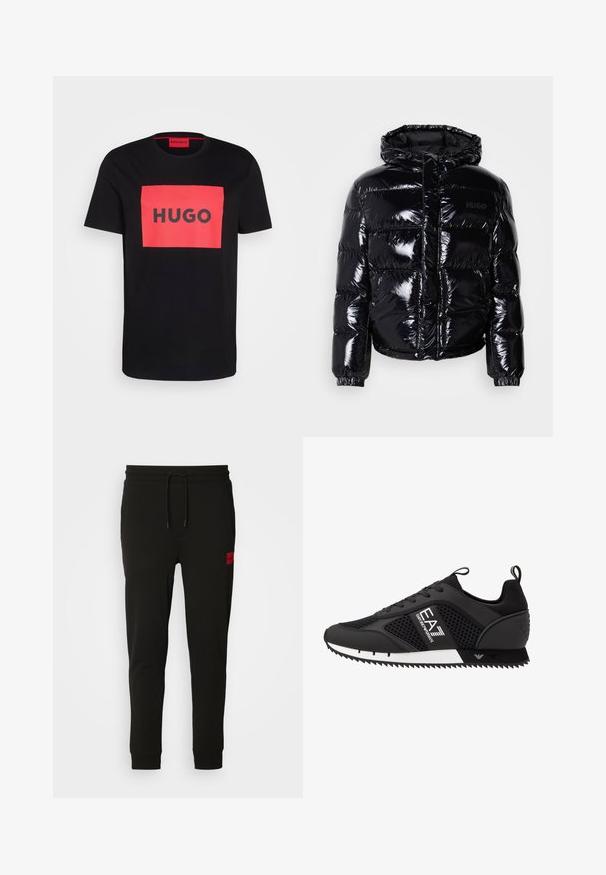 Svart pufferjacka med glänsande yta, utrustad med huva, dragkedjestängning och elastiska ärmslut. Designad med horisontella kviltade sektioner.; Svart bomullströja med en stor röd rektangulär grafisk design med ordet "HUGO" i fet svarta bokstäver i mitten. Rund halsringning.; Svarta sweatpants i mjukt material, med dragsko i midjan, slim fit och en röd logotyp på vänster lår.; EA7 Emporio Armani Sneakers - black/white
