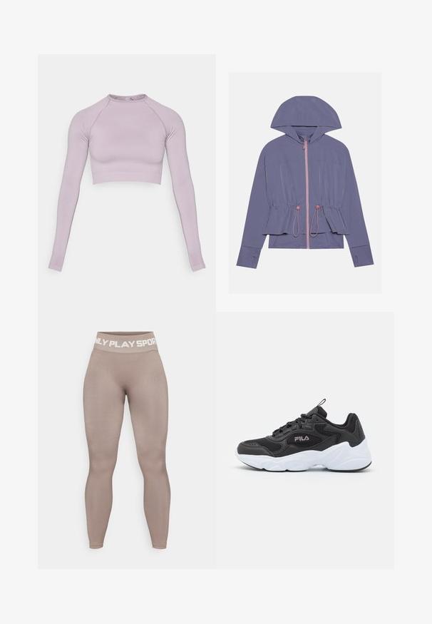 Light purple jacket with a hood, featuring a pink zipper and drawstring waist. Smooth texture and relaxed fit, with subtle seam detailing.; Lavender long-sleeve cropped top made from stretchy fabric. Features a round neckline and ribbed hem. Smooth texture with fitted design.; High-waisted, tan leggings made of stretch fabric with a smooth texture; features white lettering on the waistband reading "ONLY PLAY SPORT."; Black athletic shoe with mesh and synthetic material, featuring a white rubber sole, rounded design, and prominent logo on the side.