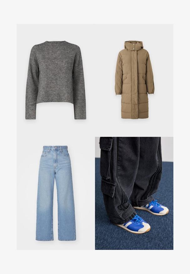 Khaki värvi puhvis mantel kapuutsiga, ees lukk ja nuppudega sulgemine, kahe küljetaskuga ning elastsete mansettidega. Sile tekstuur ja tikkimise muster.; Halli kootud sviiter pikkade varrukatega, ümmarguse kaelusega ja vabalt istuva lõikega. Tekstuuritud kangas ja lühike pikkus. Lisadeta.; Heledad sinine kõrge vöökohaga laiad teksad, ees nupp ja tõmblukk, ees ja taga taskud, valge tausta peal.; Inimene, kes kannab laiu musti cargo-pükse ja siniste ning valgete tossude, seisab tumesinisel vaibal.