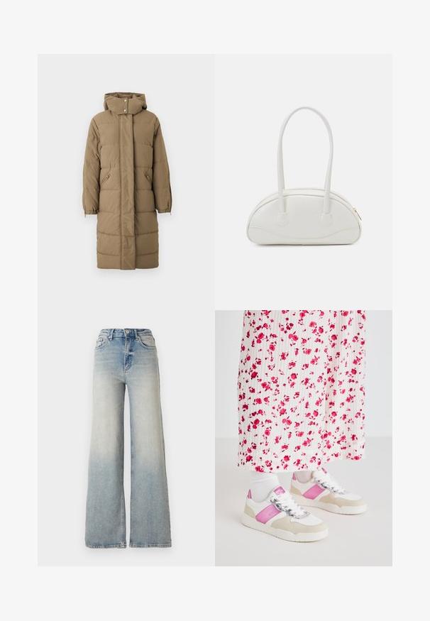 Abrigo de plumas color caqui con capucha, cierre frontal de cremallera y botón a presión, con dos bolsillos laterales y puños elásticos. Textura suave con un patrón acolchado.; Tres camisetas sin mangas en verde menta, negro y beige; hechas de tela acanalada con un escote redondo. Etiqueta de la marca visible.; Jeans de mezclilla de tiro alto y pierna ancha en color azul claro, con cinco bolsillos y costuras visibles a lo largo de las costuras.; Zapatillas blancas y rosas con un acento de ante gris, que presentan un cordón brillante y un panel lateral rosa, combinadas con una larga falda plisada de estampado floral.; Even&Odd Bolso de mano - off-white; Pendientes de aro color dorado, delgados y redondos, con un acabado metálico suave y sin adornos ni patrones.