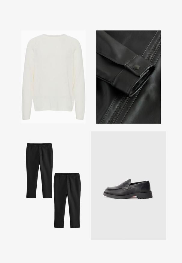 Närbild av en svart läderjacka med en slät yta, knapppynt på ärmen och en synlig dragkedja längs sidan.; Vitt stickat tröja med rund halsringning, långa raglanärmar, ribbade manschetter och en något lös passform. Texturen verkar mjuk och lätt.; Svarta skräddarsydda byxor med en slät yta, med en rak ben-design och midjehöjd. Två par visas, ett avkortat.; Svarta läderloafers med rund tå, höjt söm och tjock gummisula. Enkelt design med minimal märkning på sidan.