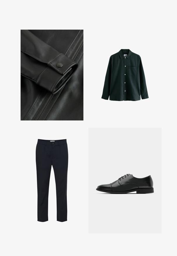 Gros plan d'une veste en cuir noir mettant en valeur une texture lisse, un accent de bouton sur la manche et une fermeture éclair visible sur le côté.; Chemise boutonée vert foncé avec un col, des manches longues et une poche poitrine unique ; elle dispose de boutons blancs et d'une texture douce.; Pantalon bleu marine en tissu lisse, avec une coupe standard, passants de ceinture, fermeture à bouton sur le devant et deux poches latérales.; Chaussure habillée noire en cuir avec un bout rond, un laçage, des détails de couture subtils et un petit talon. Texture lisse avec une finition polie.