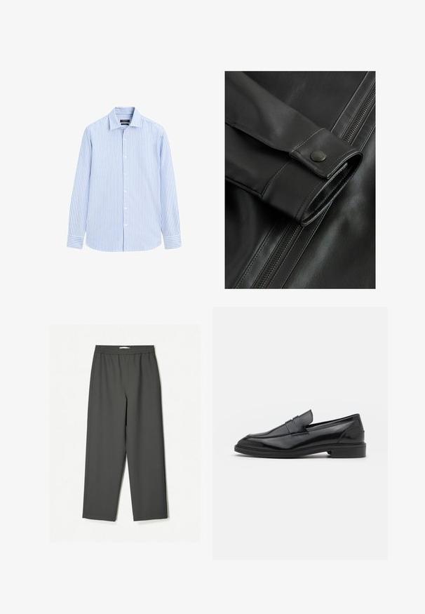 Close-up van een zwarte leren jas met een gladde textuur, een knoopaccent op de mouw en een zichtbare rits aan de zijkant.; Lichtblauw en wit gestreepte lange mouw blouse, met knoopsluiting aan de voorkant, kraag en manchetten, gemaakt van een gladde stof met een standaard pasvorm.; Donkergrijze, hoge taille, wijde broek gemaakt van lichtgewicht stof. Elastische tailleband, geen zichtbare patronen en zijzakken.; Zwarte leren instappers met een gladde afwerking, voorzien van een ronde neus en een smalle band over de bovenkant. Lage gestapelde hak.