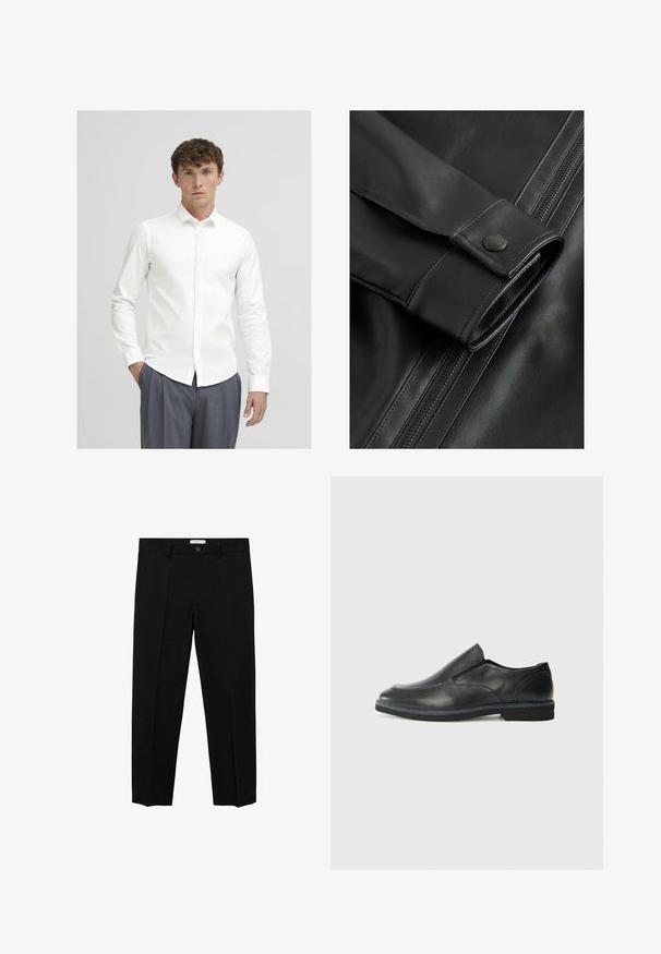 Detailný záber čiernej koženej bundy so hladkou textúrou, akcentom gombíka na rukáve a viditeľným zipsom po boku.; Biela košeľa na gombíky s dlhými rukávmi, vyrobená z hladkej látky. Má klasický golier a úzky strih, v páre so šedými prúžkovanými nohavicami.; Čierne oblekové nohavice so strihaním do rovna, s jednému gombíku, pútkami na opasok a prednými záhybmi. Vyrobené z hladkej látky.; Čierny kožený nazúvací topánka s hladkým zvrškom, prešitými akcentmi, zaoblenou špičkou a nízkym gumovým podpätkom. Podošva má minimálny dezén.