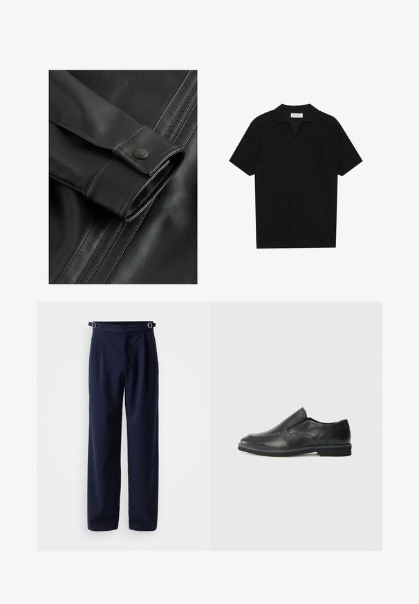 Melnas ādas jakas tuvplāns ar gludu tekstūru, pogu akcentu uz piedurknes un redzamu rāvējslēdzēju sānos.; Melns īsām piedurknēm polo krekls ar teksturētu, ribotu audumu, ar V veida kakla izgriezumu un taisnu apakšmalu. Bez redzamām emblēmām vai rakstiem.; Jūras zila bikses, kas izgatavotas no gludas tekstūru auduma, ar sānu cilpām un metalizētām detaļām jostasvietā, platā kāju dizainā.; Melnas ādas slip-on kurpes ar gludu augšdaļu, izšūtām akcentiem, noapaļotu purngala daļu un zemu gumijas papēdi. Zole ar minimālu rakstu.