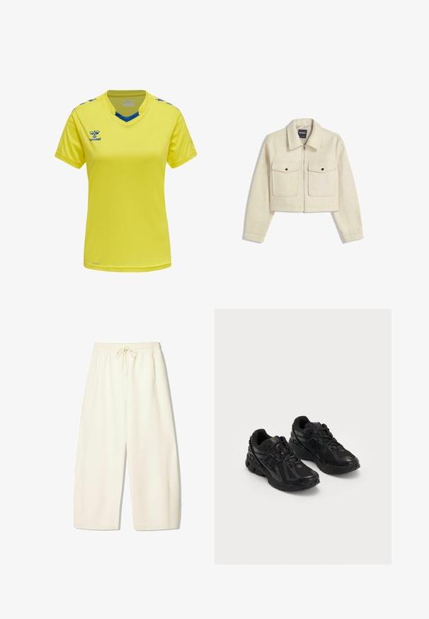 Korte beige jas van zachte stof, met een ritssluiting, puntige kraag en twee klepzakken met zwarte knopen.; Geel sportshirt gemaakt van lichtgewicht stof. Heeft een V-hals, blauwe accenten op de kraag en schouders, en een logo in het blauw.; Crème-kleurige, losse broek met een elastische tailleband, een trekkoord en zijzakken. Zachte stof met een gladde textuur.; Zwarte sportieve schoenen gemaakt van mesh en synthetische materialen. Beschikt over een gevoerde zool, textuurpatronen en reliëfbranding aan de zijkant.