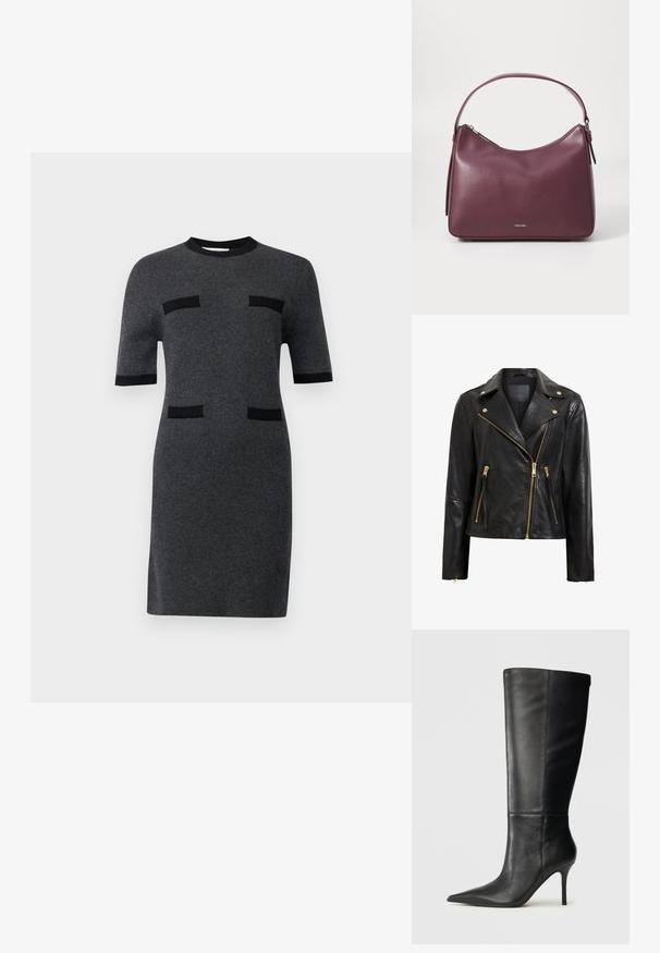 Zwarte leren motorjack met gouden hardware, voorzien van een asymmetrische ritsluiting, meerdere ritszakken en een kraag.; Korte mouw jurk van donkergrijze gebreide stof. Heeft zwarte accenten en twee zwarte horizontale zakachtige details aan de voorkant. Rechte silhoët.; Zwarte leren kniehoge laars met spitse neus en slanke stilettohak, gladde textuur, zijprofiel op neutrale achtergrond.; Bordeaux leren handtas met een gebogen silhouet, ritsluiting en een enkele schouderband. Beschikt over een subtiele logo-aanbrenging aan de voorkant.