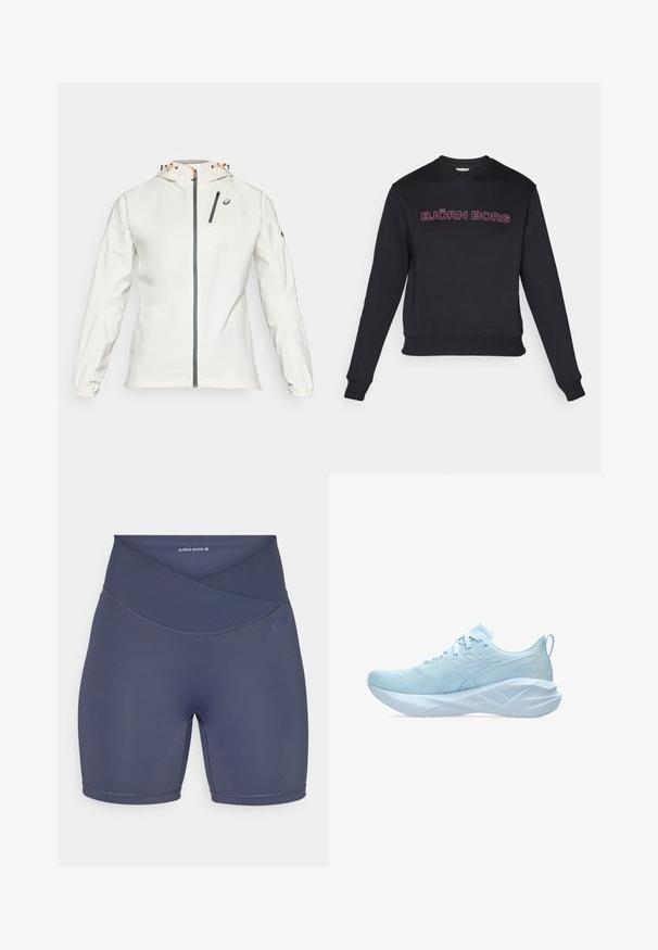 Lightweight, white jacket with a zip front, adjustable hood, and elastic cuffs. Features a grey zippered chest pocket and logo accent.; Black sweatshirt with long sleeves, round neckline, and a fitted waistband. Features pink text “BJÖRN BORG” across the chest. Soft fabric texture.; Navy blue high-waisted shorts made of stretchy fabric, featuring a crossover waistband design and flat seams for comfort.; Light blue athletic shoes featuring a mesh upper, flat laces, and a thick, textured sole with geometric accents for stability.