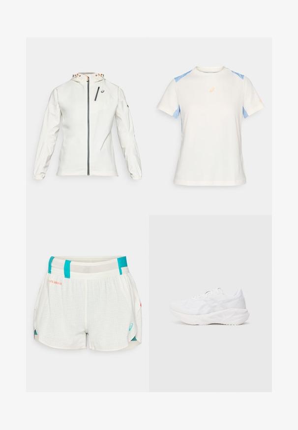Kerge, valge jakk, millel on lukuga esikülg, reguleeritav kapuuts ja elastsed mansetid. Omab halli lukuga rinnaeendust ja logo aktsenti.; Kerge lühikeste varrukatega t-särk kreemjas värvitas, millel on sinised õlavarred. Sellel on oranž logo rinnal ja kontrastsete õmbluste detailid.; Valged mustriga jooksurid, millel on türkiissinised aktsendid, hingav võrkmaterjalist vöökoht ja külgedel liikumisvabaduse tagamiseks lõiked. Esindab brändi logo türkiissinises värvitoonis.; Valge sportlik jalanõud, millel on hingav võrgust pealis ja pehme tallaga, omades tekstuurilist mustrit ja minimalistlikke disaini aktsente.