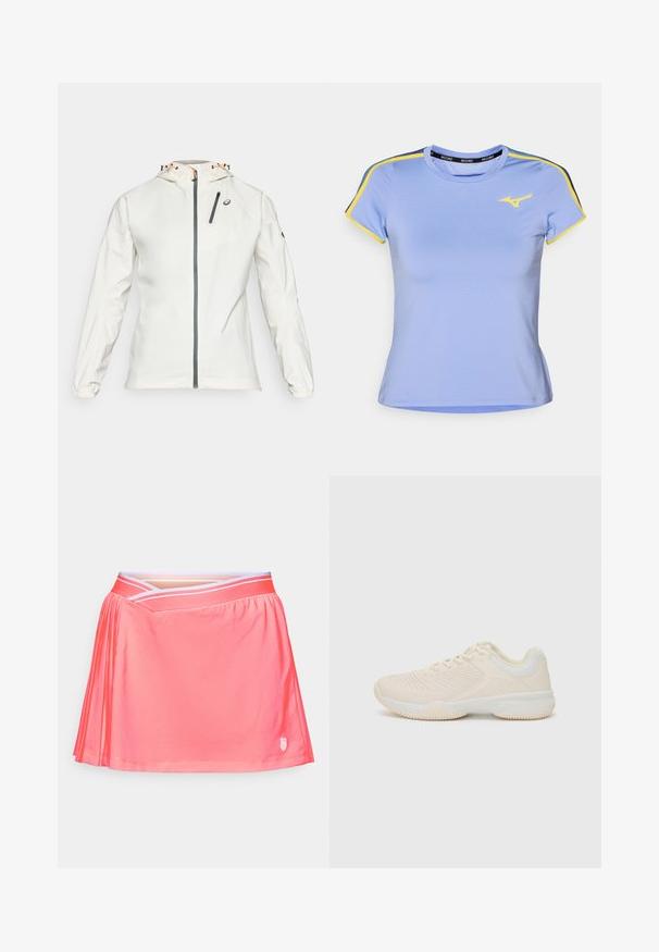 Ελαφρύ, λευκό μπουφάν με φερμουάρ μπροστά, ρυθμιζόμενη κουκούλα και ελαστικούς καρπούς. Διαθέτει μία γκρίζα τσέπη με φερμουάρ στο στήθος και λογότυπο.; Ανοιχτό μπλε αθλητικό μπλουζάκι με κοντά μανίκια, με κίτρινες και σκούρες μπλε ρίγες στους ώμους και ένα μικρό κίτρινο λογότυπο στο στήθος.; Ροζ τένις φούστα με πλισέ σχέδιο, ελαστική μέση με λευκές λεπτομέρειες, μαλακό ύφασμα και μικρό έμβλημα στο κάτω δεξί μέρος.; Αθλητικό παπούτσι σε ανοιχτό μπεζ χρώμα με υφή στο επάνω μέρος, λευκές αντίθετες λεπτομέρειες, στρογγυλή μύτη και ευλύγιστη καουτσούκ σόλα.