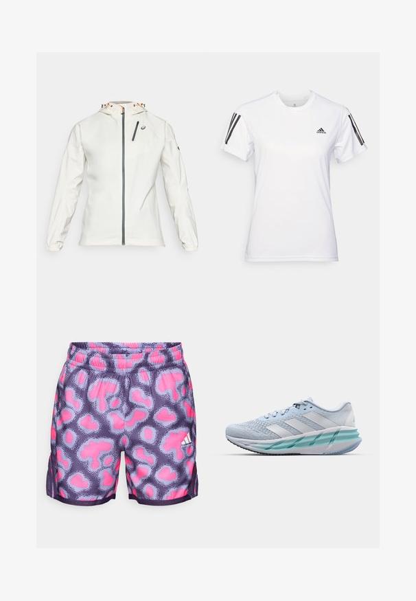 Leichte, weiße Jacke mit Reißverschluss, verstellbarem Kapuzen und elastischen Bündchen. Mit einer grauen, mit Reißverschluss versehenen Brusttasche und einem Logo-Akzent.; Weißes Sport-T-Shirt aus glattem, leichtem Stoff. Mit schwarzen Drei-Streifen-Akzenten auf den Schultern und einem kleinen schwarzen Logo auf der Brust.; Lila Shorts mit einem Muster aus pinken und hellblauen Punkten, elastischem Bund und seitlichen Schlitzen für Belüftung. Mit einem kleinen weißen Logodetail.; Helle blaue Sportschuhe mit einem strukturierten Strickobermaterial, weißen Akzenten und einer transparenten grünen Zwischensohle. Abgerundete Zehenpartie und gepolsterter Schaft.