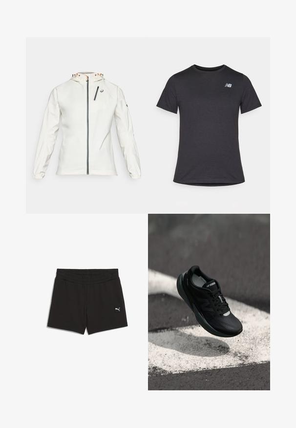 Lett, hvit jakke med glidelås foran, justerbar hette og elastiske mansjetter. Har en grå glidelåslomme på brystet og logo-accent.; Svart kortermet t-skjorte laget av myk stoff, med en liten grå New Balance-logo på øvre venstre bryst, klassisk rund hals design.; Svarte treningsshorts med elastisk midjebånd, laget av mykt stoff. Har en liten hvit logo nederst til venstre foran.; Svart løpesko med teksturert overdel, slank design og reflekterende detaljer. Har en myk, polstret såle for komfort.