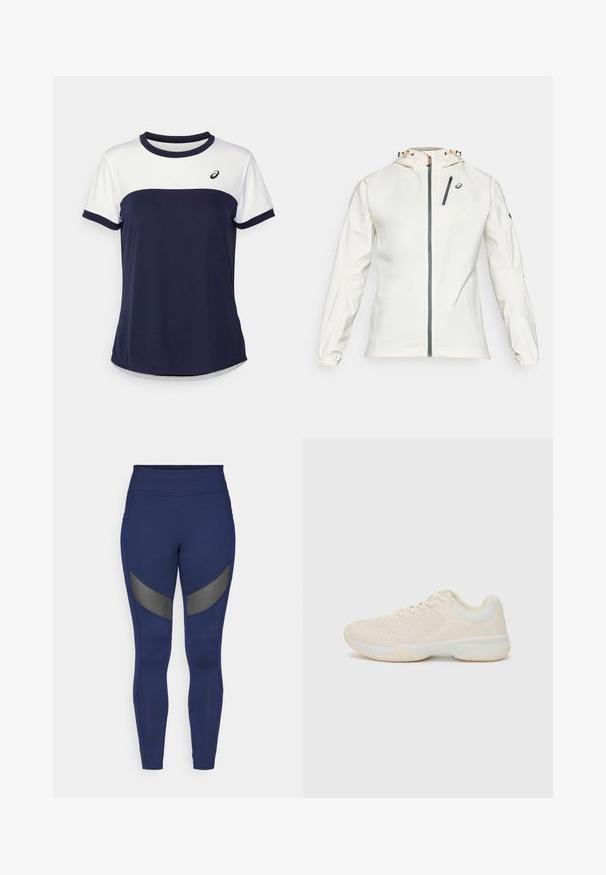 Ελαφρύ, λευκό μπουφάν με φερμουάρ μπροστά, ρυθμιζόμενη κουκούλα και ελαστικούς καρπούς. Διαθέτει μία γκρίζα τσέπη με φερμουάρ στο στήθος και λογότυπο.; ASICS WOMEN COURT TOP - Αθλητικό μπλουζάκι - midnight/brilliant white; Σκούρες μπλε κολάν από ελαστικό ύφασμα, με γκρι διακοσμητικά πάνελ και ψηλή μέση. Σχεδιασμένα για αθλητική χρήση.; Αθλητικό παπούτσι σε ανοιχτό μπεζ χρώμα με υφή στο επάνω μέρος, λευκές αντίθετες λεπτομέρειες, στρογγυλή μύτη και ευλύγιστη καουτσούκ σόλα.