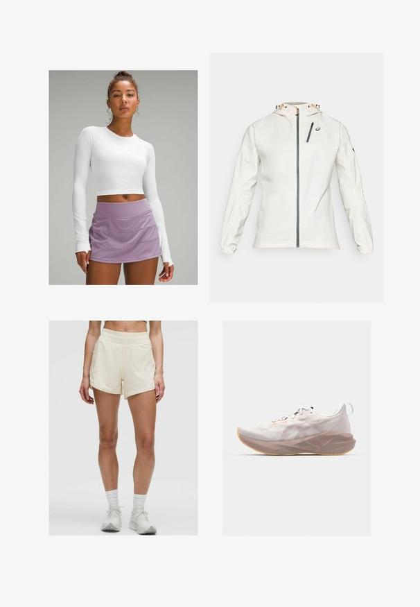Könnyű, fehér dzseki, elől cipzárral, állítható kapucnival és rugalmas mandzsettával. Szürke cipzáros mellzsekkel és logóval díszítve.; Fehér, hosszú ujjú, rövidített felső, textúrált anyagból, amelyet egy levendula színű, réteges sport szoknyával párosítottak. Simább, testhezálló kialakítás, látható minták nélkül.; Krém színű sportnadrág rugalmas derékkal és oldalsó zsebekkel. Az anyag simának és könnyűnek tűnik, így aktív viseletre alkalmas.; Könnyű futócipő, textúrázott fehér és halvány rózsaszín felsőrésszel, hálós kialakítással, vastag bézs középtalppal és gumi talppal.