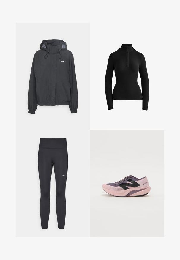 Zwarte hooded windbreakerjack gemaakt van lichtgewicht materiaal met elastische boorden, een trekkoordkap en een klein wit logo op de borst.; Zwarte lange mouwen top met een hoge kraag en een rits bij de hals. Gemaakt van een soepele, rekbare stof en heeft een getailleerde pasvorm.; Zwarte legging van rekbare stof met een hoge tailleband en een wit Nike-logo op de linkerdij. Gladde textuur, aansluitend ontwerp.; Lichte hardloopschoen met een roze en paarse gradientontwerp. Beschikt over een ademende bovenkant van mesh, zwarte accenten en een gevoerde zool.