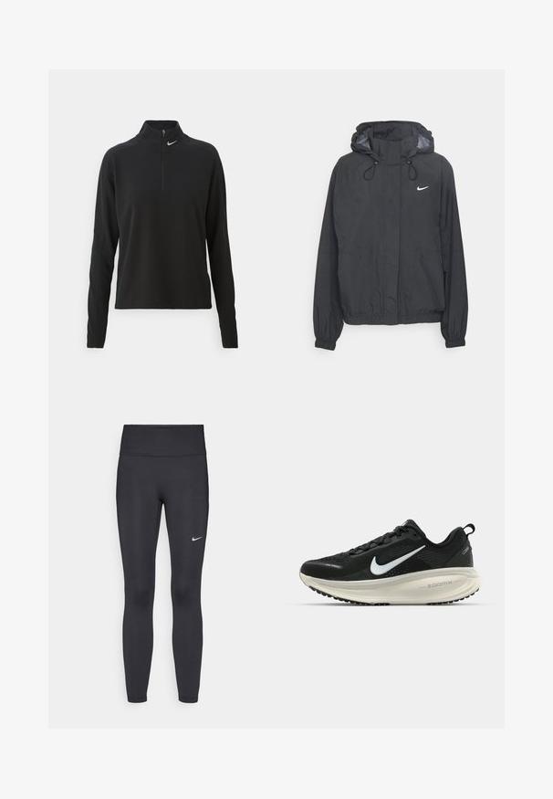 Black hooded windbreaker jacket made of lightweight material featuring elastic cuffs, a drawstring hood, and a small white logo on the chest.; Black long-sleeve pullover with a high collar, features a half-zip front and a small silver logo on the left side. Soft, stretchy fabric.; Black leggings made of stretchy fabric, featuring a high waistband and a white Nike logo on the left thigh. Smooth texture, form-fitting design.; Black Nike running shoe with breathable mesh upper, white swoosh logo, textured detailing, and a cream-colored ZoomX midsole.