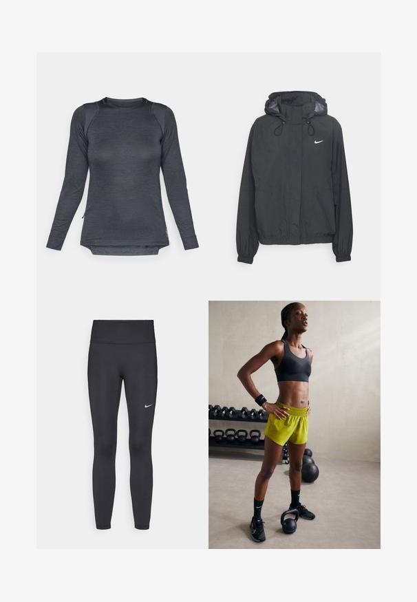 Schwarze Kapuzenwindjacke aus leichtem Material, ausgestattet mit elastischen Bündchen, einer Kordelzugkapuze und einem kleinen weißen Logo auf der Brust.; Langärmliges sportliches Shirt aus dunkelgrauem Stoff mit strukturiertem Design, rundem Ausschnitt und seitlichen Schlitzen für verbesserte Bewegungsfreiheit.; Schwarze Leggings aus elastischem Stoff, mit einem hohen Bund und einem weißen Nike-Logo auf dem linken Oberschenkel. Glatte Textur, figurbetontes Design.; Schwarzer Sport-BH, leuchtend gelbe Shorts mit elastischem Bund, schwarze Sportschuhe und Handgelenkbandagen, stehend neben Kettlebells.