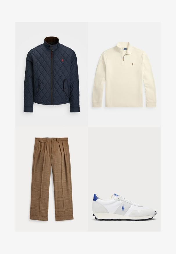 Sötétkék steppelt dzseki magas gallérral, cipzáras záródással, két gombos zsebbel és egy kis piros emblémával a mellkason. Puha tapintású.; Krém színű, hosszú ujjú pulóver negyedes cipzárral és kis hímzett polo játékos logóval a bal mellkason.; Barna kockás nadrág hajtásokkal, texturált anyagból készült. Gombos záródással és végig felhajtott szegéllyel rendelkezik.; Fehér sportcipő szürke velúr részletekkel, hálós felsőrész, kék sarkú fül és fekete gumi talp. Felszereltségéhez tartozik a fűzős záródás és a logó.