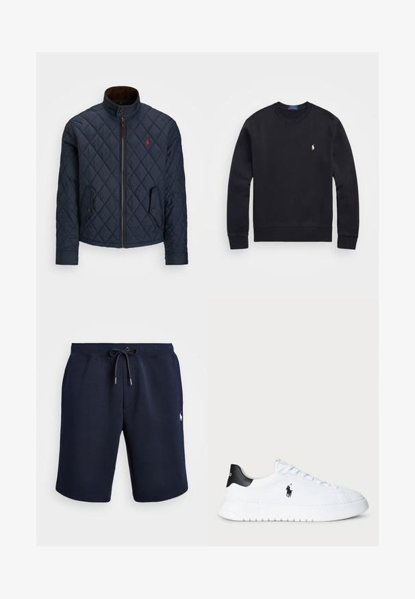 Casaco acolchoado azul-marinho com gola alta, fecho de correr, dois bolsos com botão e um pequeno emblema vermelho no peito. Textura suave.; Sweatshirt preto feito de mistura de algodão, com decote redondo, mangas longas, punhos e bainha canelados, apresentando um pequeno logótipo bordado no peito.; Calções desportivos azul-marinho feitos de um tecido macio, com uma cintura ajustável por cordão e um pequeno logótipo bordado na parte inferior.; Sapatilhas brancas de cano baixo com tabuleiro de calcanhar preto e logótipo da Polo Ralph Lauren em preto na lateral, apresentando atacadores brancos e sola de borracha grossa.