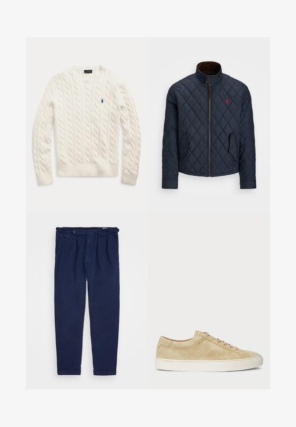 Tamsiai mėlynas siuvinėtas švarkas su aukštu apykakle, užtrauktuku, dviem kišenėmis su mygtukais ir mažu raudonu emblema krūtinėje. Minkšta tekstūra.; Balta megzta ilga rankovėmis palaidinė su banguotais rankogaliais ir apatine dalimi, puošta mažuoju tamsiai mėlynu siuvinėtu Polo Ralph Lauren logotipu ant krūtinės.; Jūriniai chinos kelnės, pagamintos iš medvilnės, pasižyminčios tiesia kirpimo forma, priekinėmis raukšlėmis, sagčių uždarymu ir užvyniotais džinsais. Lygus tekstūra su minimalizuotu dizainu.; Kreminiai zomšiniai sportbačiai su žemu profiliu, apvaliu pirštu ir kreminėmis raištelėmis. Yra balta guma padanga ir subtilus logotipas šone.
