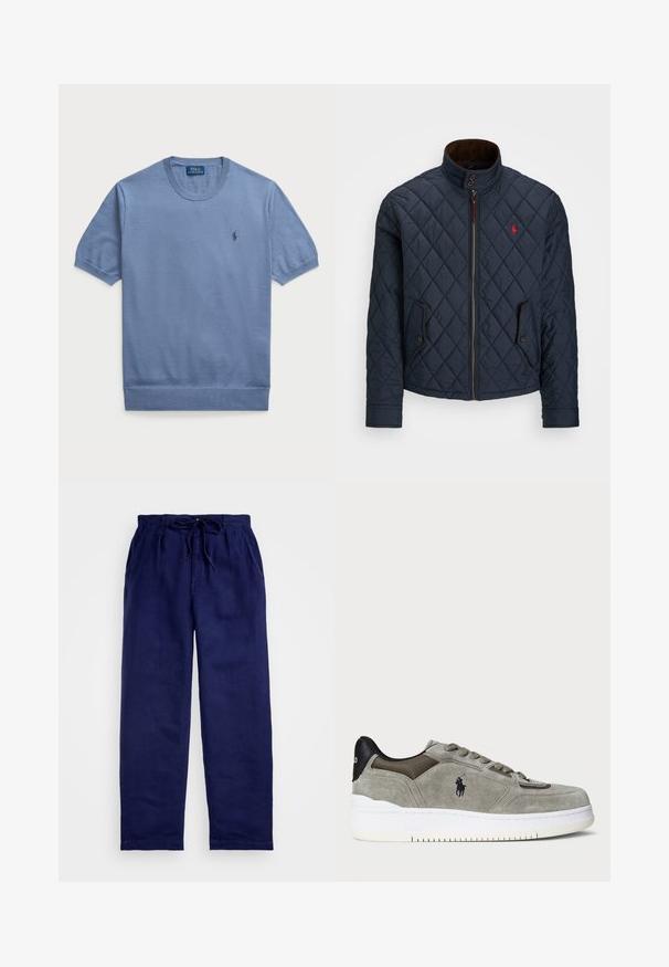Námořnický prošívaný kabát s vysokým límcem, zipovým zapínáním, dvěma kapsami na knoflíky a malou červenou emblém na hrudi. Měkká textura.; Modrý pletený svetr s krátkým rukávem a kulatým výstřihem. Má malé logo na levé straně hrudi a žebrované manžety a spodní lem.; Námořnické modré lněné kalhoty s páskem na stažení, mají volný střih, rovné nohavice a boční kapsy. Hladká textura.; Šedé semišové tenisky s texturovaným svrškem, kontrastní černou patou, bílou podrážkou a vyšitým logem. Šněrovací design se šesti očky.