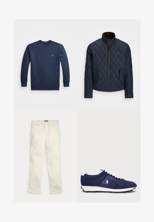 Marineblå quiltet jakke med høy krage, glidelås, to lommer med knapp og et lite rødt emblem på brystet. Myk tekstur.; Marineblå hettegenser i bomullsblanding med lange ermer, ribbestrikkede mansjetter og rund hals. Har et lite brodert logo på brystet.; Kremfargede kordfløyelsbukser med folder, sidelommer, knapplomme med klaff og brettede mansjetter, lagt flatt på hvit bakgrunn.; Marineblå sneakers med en kombinasjon av semsket skinn og stoff, hvite snøringer, såle av gummi, og en liten logo på siden.