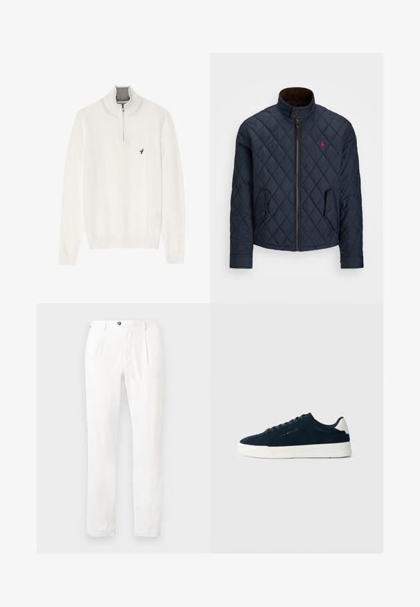 Tamsiai mėlynas siuvinėtas švarkas su aukštu apykakle, užtrauktuku, dviem kišenėmis su mygtukais ir mažu raudonu emblema krūtinėje. Minkšta tekstūra.; Baltas megztinis su pilku užtrauktuku ant kaklo, ilgomis rankovėmis ir mažuoju mėlynu paukščio logotipu ant krūtinės. Minkšta, lygi tekstūra.; Baltos kelnes su plokščiu priekiu, dviem raukiniais ir mygtuko uždarymu. Pagamintos iš lengvos medžiagos, turi tiesias kojas ir suktus rankogalius.; Jūrų jėgerio suknelė iš suedės su balta guma padais, apvaliu toe ir kontrastuojančia kulno juosta; turi tonus laces ir logotipo detalę šone.