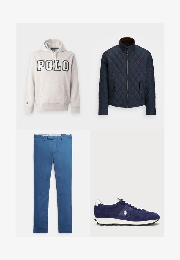 Námornícka prešívaná bunda s vysokým golierom, zipsom, dvoma zapínacími vreckami a malým červeným emblémom na hrudi. Mäkká textura.; Svetlošedá mikina s kapucňou vyrobená z bavlnenej zmesi, s prednou vreckom, šnúrkou na kapucni a s nápisom "POLO" tmavomodrou farbou naprieč hrudníkom.; Modré pánske úzke bavlnené nohavice s pútkami na opasok, prednými vreckami a skrytým zapínaním na gombík a zips.; Námornícke tenisky s kombináciou semišu a textílie, bielymi šnúrkami, gumovou podrážkou a malým logom na boku.