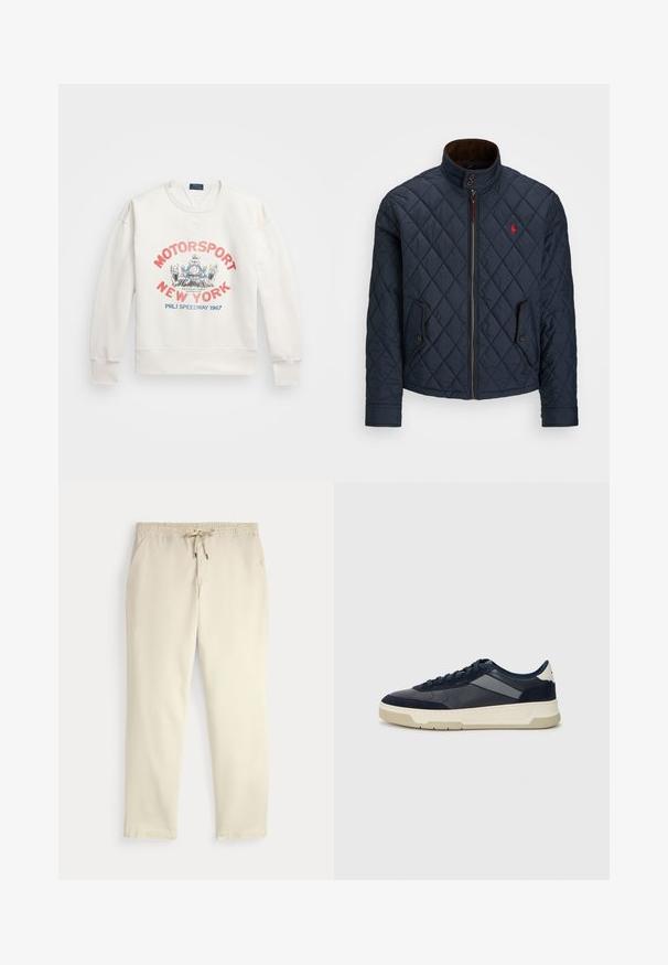 Marineblå quiltet jakke med høy krage, glidelås, to lommer med knapp og et lite rødt emblem på brystet. Myk tekstur.; Hvit hettegenser med ribbede mansjetter og kant. Har et fargerikt grafisk trykk med "MOTORSPORT NEW YORK" og et racingsdesign. Klassisk rundhalsstil.; Off-white kosebukser med elastisk midje og snor, rette ben og sidelommer mot en ensfarget bakgrunn.; BOSS BALTIMORE - Joggesko - open blue