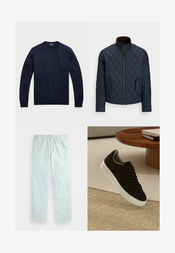 Casaco acolchoado azul-marinho com gola alta, fecho de correr, dois bolsos com botão e um pequeno emblema vermelho no peito. Textura suave.; Sweater de gola redonda azul marinho feito de tecido de malha, com punhos e bainha canelados, apresentando um pequeno logótipo bordado no lado esquerdo do peito.; Calças azul claro, de corte descontraído, com um cós elástico, apresentando bolsos laterais e um fecho de botão único na frente.; Sneaker preto com sola branca flutuando acima de um tapete texturizado bege, perto de uma mesa redonda de madeira com livros empilhados.