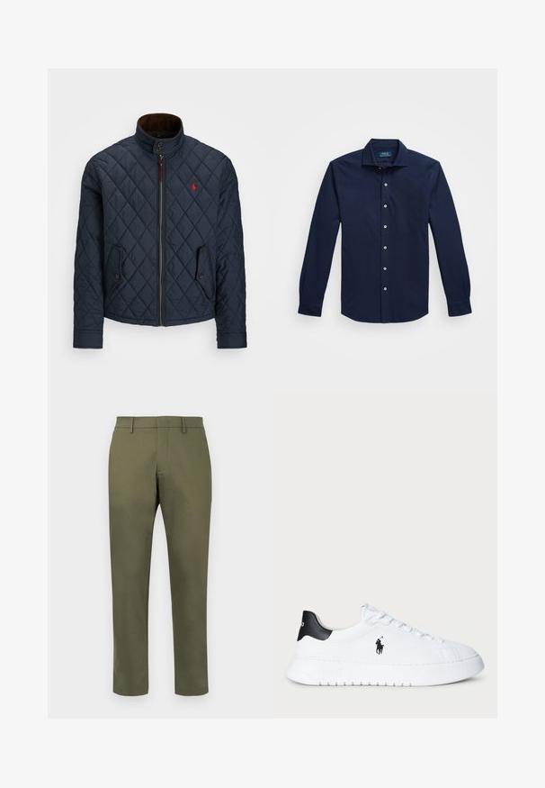 Jūras spēku zilu šūtu sveci ar augsto apkakli, rāvējslēdzēja aizdari, divām pogām aizveramām kabatām un mazu sarkanu emblēmu uz krūšu daļas. Mīksta tekstūra.; Tumši zils garās piedurknes pogājams krekls, izgatavots no kokvilnas, ar klasisku apkakli, baltajām pogām un mazu izšuvumu uz krūtīm.; Oliņu zaļas taisnas kājas bikses ar jostas cilpām un slēptu priekšējo aizdari uz balta fona.; Baltas zems sports apavi ar melnu papēdi un melnu Polo Ralph Lauren logotipu sānos, ar baltām auklām un biezu gumijas zoli.