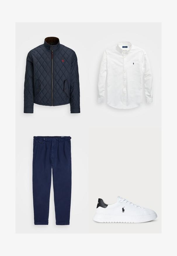 Navy sinine tikitud jakk kõrge kaelusega, lukuga kinnitamine, kaks nööbiga taskut ja väike punane embleem rinnal. Pehme tekstuur.; Valge puuvillane särk, millel on nokk-krae, pikad varrukad ja väike tumesinine logo rinnal. Sile pind.; Tumesinine puuvillased chinos, sirge lõikega, ees olevate voldikute, nööpkinniamise ja rullitud varrukatega. Sile tekstuur ja minimaalne disain.; Valged madala varrega tennisesokid musta kandiga ja musta Polo Ralph Laureni logoga külgedel, valgete paeltega ja paksu kummitaldiga.