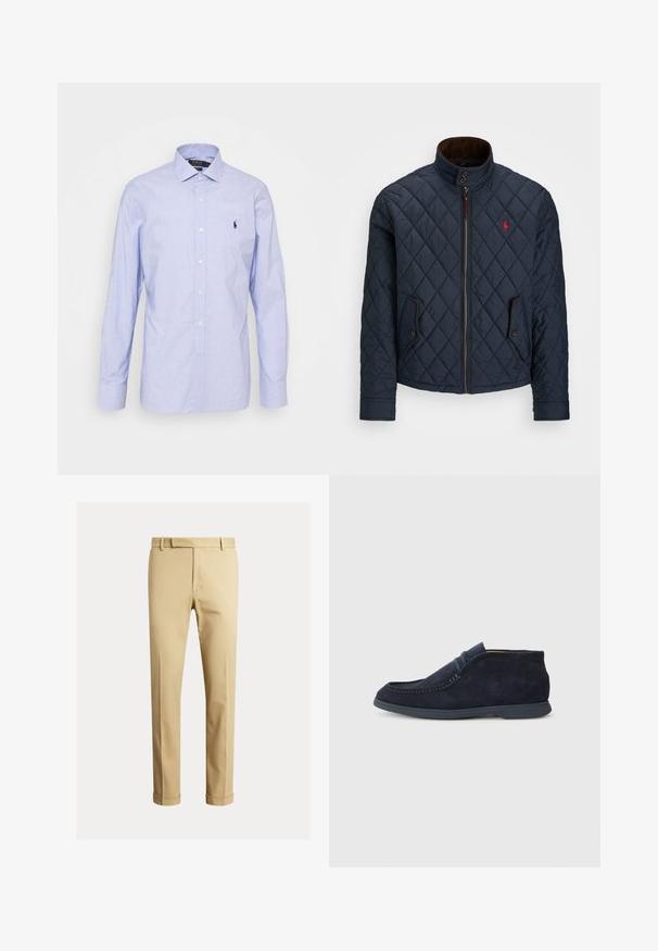 Námornícka prešívaná bunda s vysokým golierom, zipsom, dvoma zapínacími vreckami a malým červeným emblémom na hrudi. Mäkká textura.; Svetlomodrá, dlhá košeľa s gombíkmi vyrobená z mäkkého materiálu. Má klasický golier, predný klop a malé vyšívané logo na hrudi.; Khaki chinos vyrobené z hladkej bavlnenej tkaniny, s priliehavým strihom, prednými záhybmi a manžetami pri členkoch pre zúžený vzhľad.; Námornícky semišové chukka topánky s zaoblenou špičkou a prešívaním. Majú hladkú gumovú podrážku a minimalistický dizajn bez viditeľného loga.