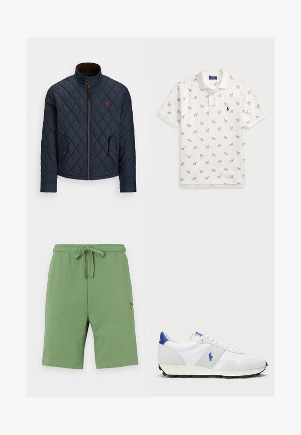 Marine blauwe gewatteerde jas met een hoge kraag, ritssluiting, twee met knopen sluitende zakken en een klein rood embleem op de borst. Zachte textuur.; Witte polo gemaakt van katoen, met een herhaald blauw hondenpatroon en een klein blauw logo op de borst. Korte mouwen en kraag.; Groene katoenen shorts met een elastische tailleband en verstelbaar trekkoord. Bevat een klein geel geborduurd logo aan de linkerkant.; Witte sportieve sneaker met grijze suède accenten, bovenwerk van mesh, blauwe hieltab en zwarte rubberen loopzool. Bevat vetersluiting en logo.