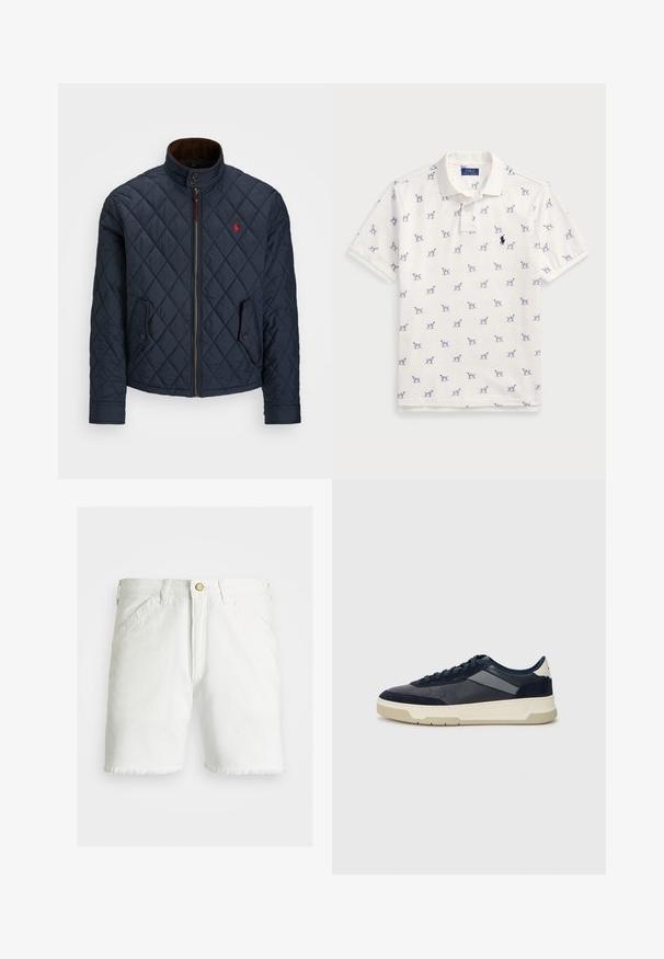 Marineblå quiltet jakke med høy krage, glidelås, to lommer med knapp og et lite rødt emblem på brystet. Myk tekstur.; Hvit polo skjorte laget av bomull, med et gjentatt blått hundemønster og en liten blå logo på brystet. Kortermet og med krage.; Polo Ralph Lauren 16.5 CM DUNGAREE FIT TWILL SHORT - Shorts - deckwash white; BOSS BALTIMORE - Joggesko - open blue