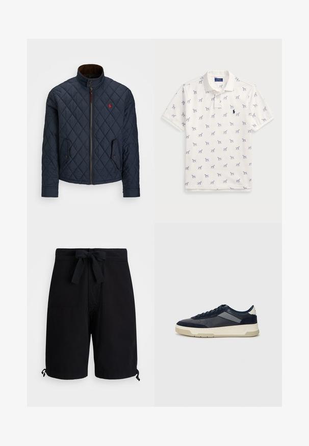 Mornarska podložena jakna z visokim ovratnikom, zadrgo, dvema žepoma na gumb in majhnim rdečim emblemom na prsih. Mehka tekstura.; Bela polo majica iz bombaža, ki vsebuje ponovljen modri vzorec psov in majhen modri logotip na prsih. Kratki rokavi in ovratnik.; Črne kopalne hlače iz lahkega materiala, z vrvico za zavezovanje v pasu in nastavljivimi detajli na robovih.; BOSS BALTIMORE - Športni copati - open blue