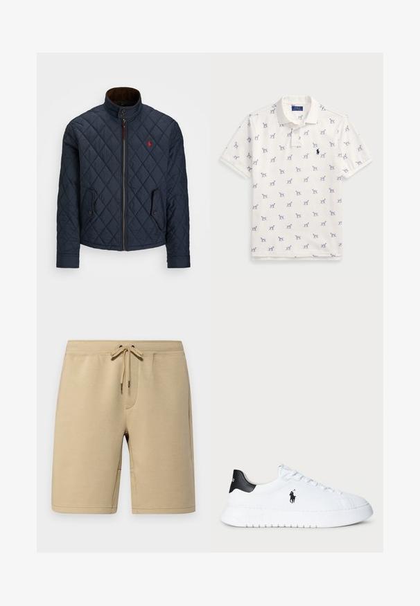 Casaco acolchoado azul-marinho com gola alta, fecho de correr, dois bolsos com botão e um pequeno emblema vermelho no peito. Textura suave.; Camisola polo branca feita de algodão, com um padrão repetido de cães azuis e um pequeno logotipo azul no peito. Mangas curtas e colarinho.; Polo Ralph Lauren 9-INCH DOUBLE-KNIT SHORT
- Calções - classic khaki; Sapatilhas brancas de cano baixo com tabuleiro de calcanhar preto e logótipo da Polo Ralph Lauren em preto na lateral, apresentando atacadores brancos e sola de borracha grossa.