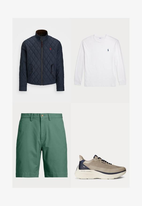 Granatowa pikowana kurtka z wysokim kołnierzem, zapięciem na zamek, dwoma kieszeniami zapinanymi na guziki oraz małym czerwonym emblematem na piersi. Miękka tekstura.; Biały t-shirt z długim rękawem wykonany z bawełny. Posiada okrągły dekolt, ściągacze przy mankietach oraz małe granatowe logo polo na lewej piersi.; Zielone bawełniane szorty z zapięciem na guzik i szlufkami na pasek. Prosty fason o prostym kroju, bez widocznych wzorów czy akcentów.; Beżowe buty sportowe z teksturowaną siateczką na cholewce, granatowymi akcentami, grubą białą podeszwą i skomplikowanymi detalami wzorniczymi. Posiada sznurowadła oraz logo marki.