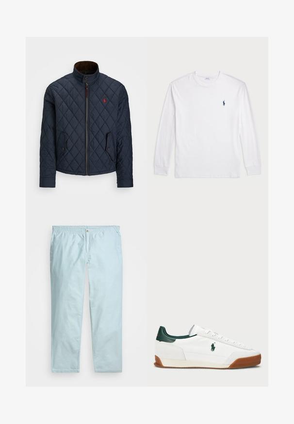 Tamsiai mėlynas siuvinėtas švarkas su aukštu apykakle, užtrauktuku, dviem kišenėmis su mygtukais ir mažu raudonu emblema krūtinėje. Minkšta tekstūra.; Balta ilgomis rankovėmis marškinėliai iš medvilnės. Gali būti apvalios formos kaklas, raukšlės ant rankovių, ir nedidelis tamsiai mėlynas polo logotipas kairėje krūtinės pusėje.; Šviesiai mėlynos medvilnės mišinio kelnės su elastinga juosmeniu, priekinio mygtuko ir tiesiomis kojomis. Pasižymi subtiliu tekstūros raštu ir šoninėmis kišenėmis.; Baltos sportbačiai su žaliais odiniais akcentais ir šviesiai ruda guma. Turi audinio kūną ir išsiskiriančią logotipą šone. Su raišteliais.