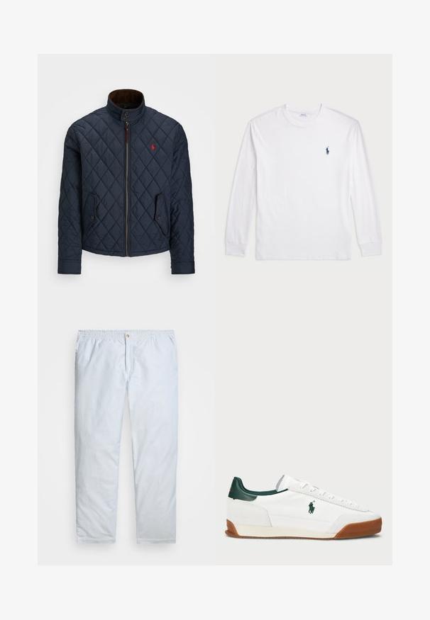 Sötétkék steppelt dzseki magas gallérral, cipzáras záródással, két gombos zsebbel és egy kis piros emblémával a mellkason. Puha tapintású.; Fehér, hosszú ujjú póló, pamutból készült. Kerek nyakkivágással, bordás mandzsettákkal és egy kis sötétkék polo logóval a bal mellen.; Világoskék csíkos nadrág, könnyű anyagból készült. Jellemzője a gumis derék és gombos záródás, valamint a egyenes lábak.; Fehér sneaker zöld bőr részletekkel és homokszínű gumitalppal. Textilből készült, oldalt kiemelkedő logóval. Fűzős kialakítás.
