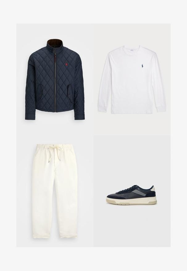 Marineblå quiltet jakke med høy krage, glidelås, to lommer med knapp og et lite rødt emblem på brystet. Myk tekstur.; Hvit langermet T-skjorte laget av bomull. Har rund hals, ribbestrikkede mansjetter, og en liten marineblå polo-logo på venstre bryst.; Lys kremfargede, casual bukser laget av mykt stoff. Har elastisk midjebånd med snøring, og en tapered ben-design.; BOSS BALTIMORE - Joggesko - open blue