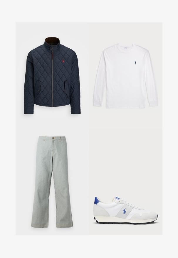 Námořnický prošívaný kabát s vysokým límcem, zipovým zapínáním, dvěma kapsami na knoflíky a malou červenou emblém na hrudi. Měkká textura.; Bílé tričko s dlouhým rukávem vyrobené z bavlny. Má kulatý výstřih, žebrované manžety a malé námořnické modré logo polo na levé hrudi.; Pruhované kalhoty s širokými nohavicemi v modré a bílé barvě, s knoflíkovým zapínáním, poutky na opasek, viditelným šitím a volným střihem.; Bílé atletické tenisky se šedými semišovými akcenty, vrchní část z yesu, modrý pata a černá gumová podrážka. Disponují šněrováním a logem.