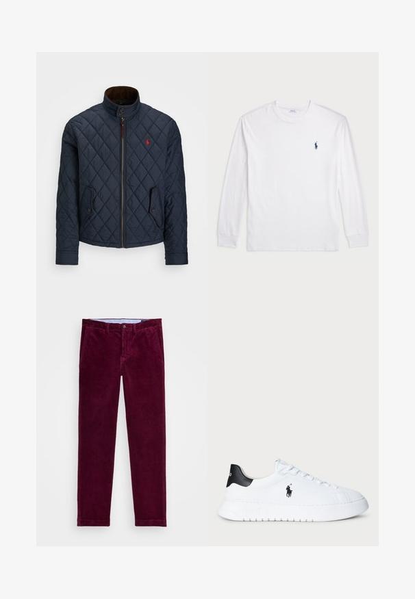 Marinblå kviltad jacka med hög krage, dragkedja, två knappfickor och ett litet rött emblem på bröstet. Mjuk textur.; Vit långärmad T-shirt tillverkad av bomull. Har en rund halsringning, ribbade ärmslut och en liten marinblå polo-logotyp på vänster bröst.; Polo Ralph Lauren STRETCH STRAIGHT FIT CORDUROY TROUSER - Tygbyxor - ruby; Vit lågtopp sneakers med svart hälflik och svart Polo Ralph Lauren-logotyp på sidan, med vita snören och tjock gummisula.
