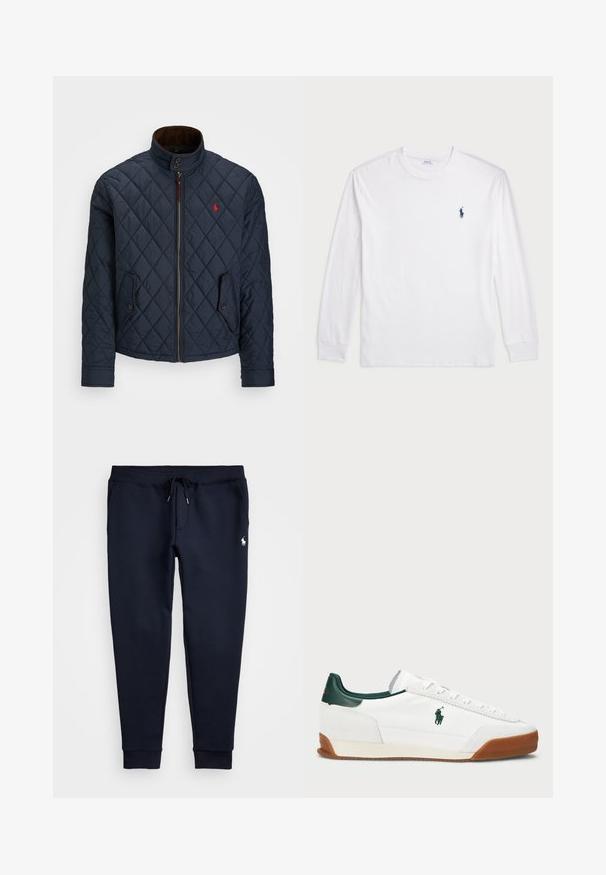 Marineblå quiltet jakke med høy krage, glidelås, to lommer med knapp og et lite rødt emblem på brystet. Myk tekstur.; Hvit langermet T-skjorte laget av bomull. Har rund hals, ribbestrikkede mansjetter, og en liten marineblå polo-logo på venstre bryst.; Mørkeblå joggebukser med snor i livet, elastiske mansjetter og en liten hvit logo på øvre venstre legg. Myk tekstur.; Hvite sneakers med grønne lærdetaljer og en tan gummisåle. Har en stoffoverdel og en fremtredende logo på siden. Snøring.