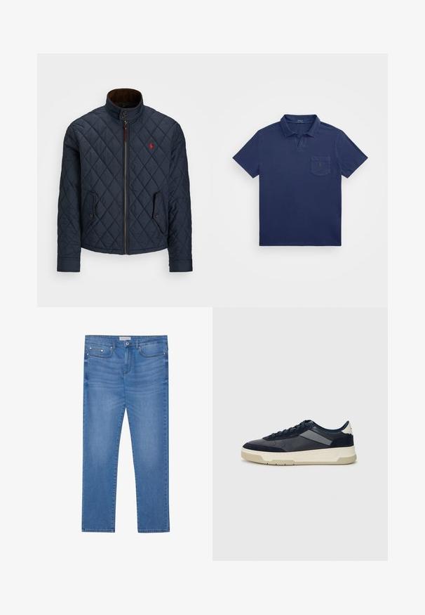 Chaqueta acolchada azul marino con cuello alto, cierre de cremallera, dos bolsillos con botón y un pequeño emblema rojo en el pecho. Textura suave.; Polo de color azul marino con un cuello corto, un bolsillo en el pecho y un logotipo bordado. Fabricado en una tela suave y texturizada.; Jeans de mezclilla azul claro con corte recto, diseño de cinco bolsillos, un ligero desgaste y detalles en metal en la cintura y los bolsillos.; BOSS BALTIMORE - Zapatillas - open blue