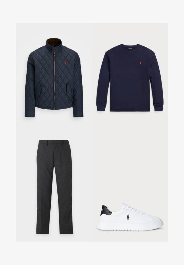 Tamsiai mėlynas siuvinėtas švarkas su aukštu apykakle, užtrauktuku, dviem kišenėmis su mygtukais ir mažu raudonu emblema krūtinėje. Minkšta tekstūra.; Jūrų pajėgų ilgos rankovės marškiniai, pagaminti iš švelnaus medvilnės. Turi apvalų iškirpimą ir mažą raudoną logotipą kairėje krūtinės pusėje. Visos paviršiaus tekstūros yra lygios.; Tamsiai pilki pritaikyti kelnės su lygia tekstūra, tiesiomis kojomis, priekinėmis kišenėmis ir diržo kilpelėmis, leidžiančiomis reguliuoti dydį.; Balti žemesnio profilio sportiniai bateliai su juodu kulno užtrauktuku ir juodu Polo Ralph Lauren logotipu šone, su baltais raišteliais ir storu guminiu padu.