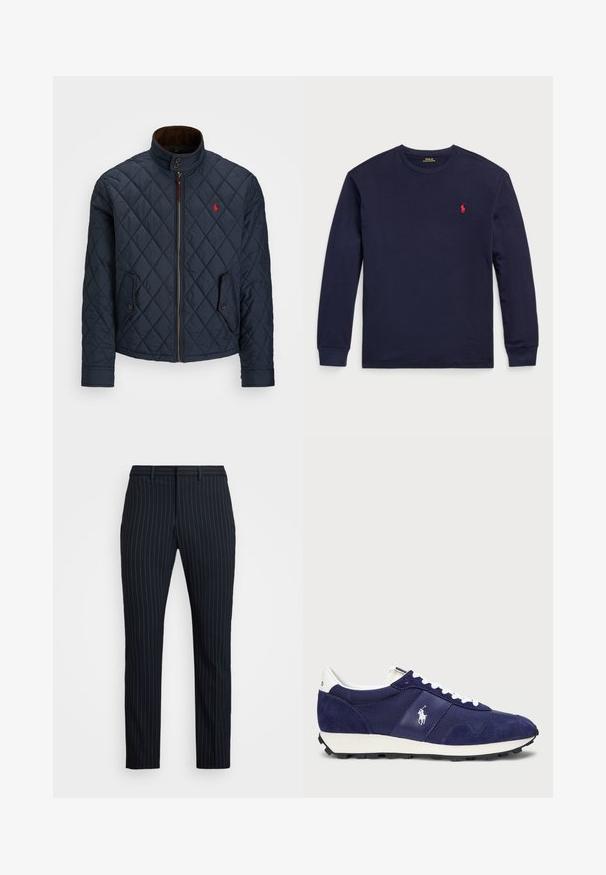 Marinblå kviltad jacka med hög krage, dragkedja, två knappfickor och ett litet rött emblem på bröstet. Mjuk textur.; Marinblå långärmad t-shirt i mjuk bomull. Har en rundad halsringning och en liten röd logotyp på vänster bröst. Slät textur hela vägen igenom.; Mörkblå randiga byxor med slim fit, med flat front, bälteshål och en slät yta. Skräddarsydd design med en ren finish.; Marina sneakers med en kombination av mocka och tyg, vita snören, en gummisula och en liten logotyp på sidan.