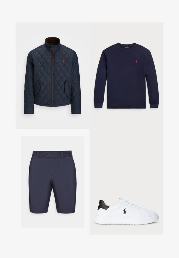 Marineblå quiltet jakke med høy krage, glidelås, to lommer med knapp og et lite rødt emblem på brystet. Myk tekstur.; Marineblå langermet t-skjorte laget av myk bomull. Har rund hals og en liten rød logo på venstre bryst. Jevn tekstur overalt.; Marineblå shorts med flat front, knappelukking, beltehemper og subtile sømdetaljer. Laget av et glatt, lett materiale.; Hvit lavt beskåret sneaker med svart hælflik og svart Polo Ralph Lauren-logo på siden, med hvite lisser og tykk gummisåle.